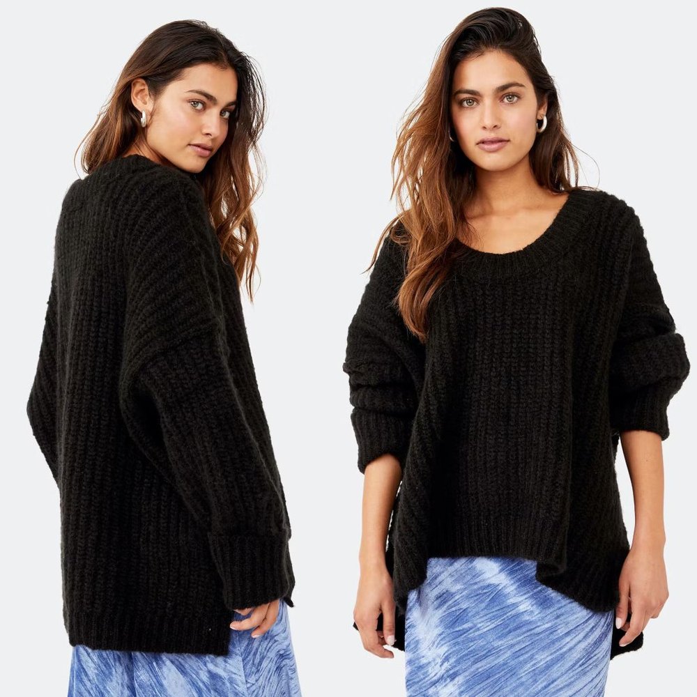 NEW Free People Blue Bell U V Neck Oversize Slouchy Tunic Sweater Black $128 S - Picture 2 of 10